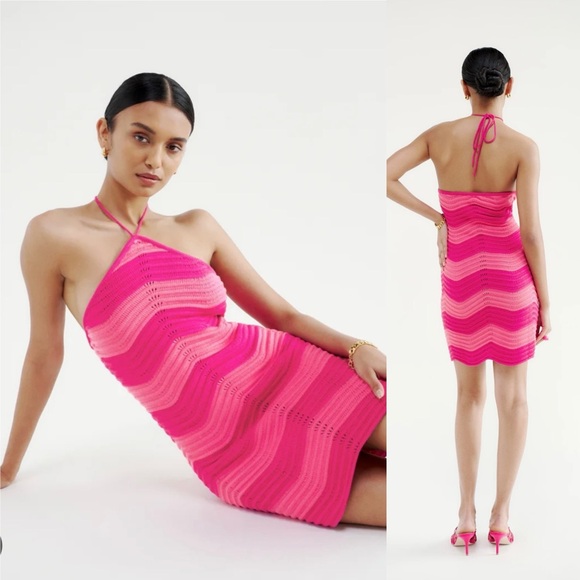 Reformation Genni Novelty Open Crochet Knit Dress  Fuschia/Flambé Stripe - S - Picture 13 of 13